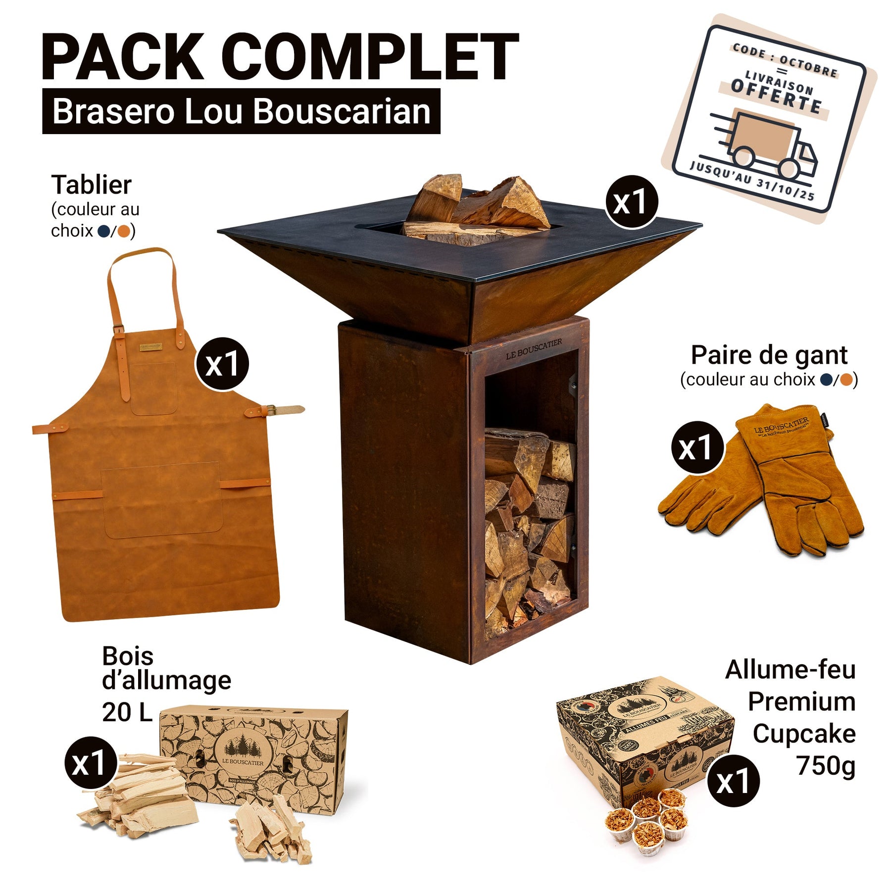 PACK - Brasero Lou Bouscarian + tablier + paire de gants + bois d'allumage + allume-feu