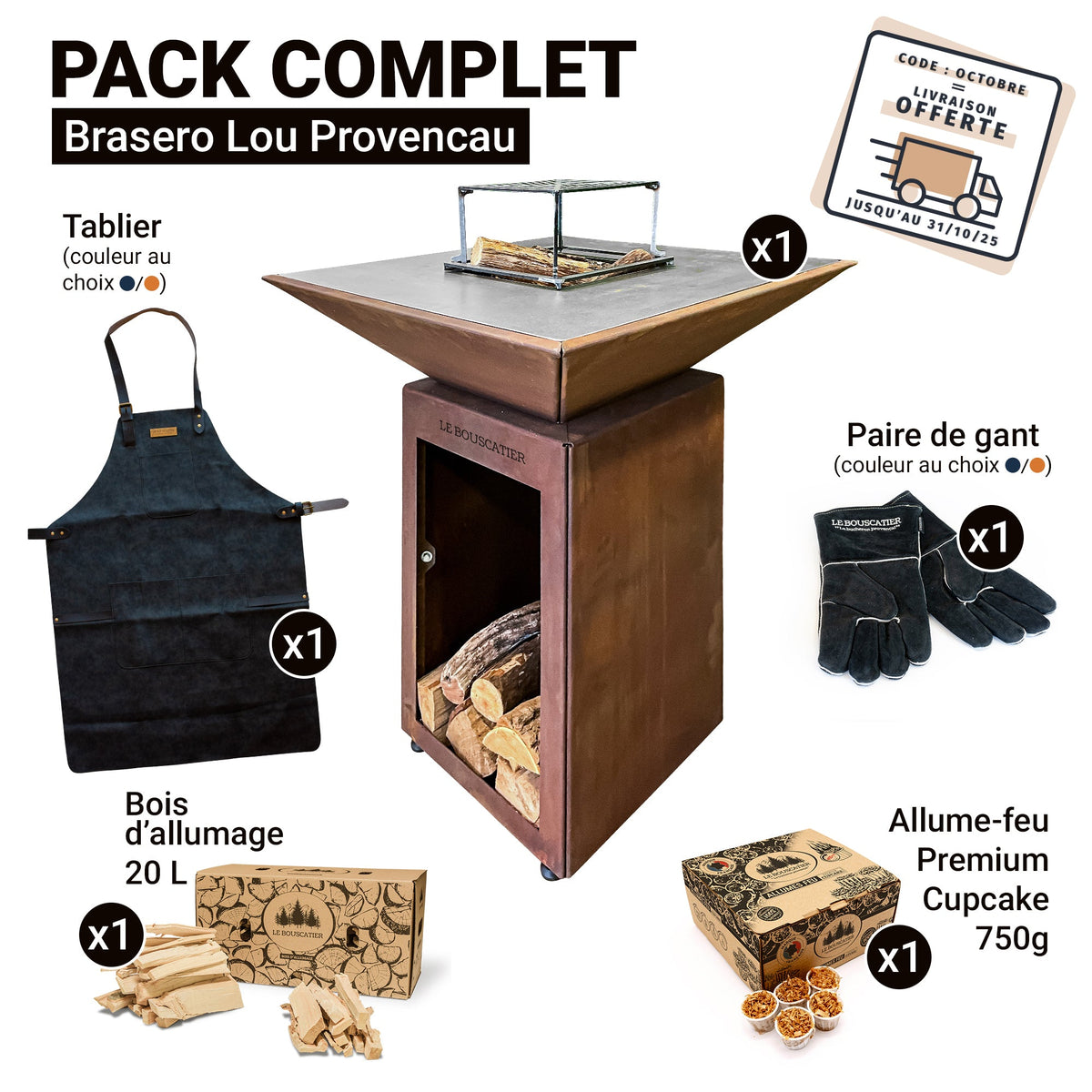 PACK - Brasero Lou Provençau + tablier + paire de gants + bois d'allumage + allume-feu