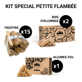 KIT MA FLAMBÉ PLAISIR - 15x fagotins 25L bois de chauffage extra sec + 12kg bois d'allumage + 2kg alume-feu