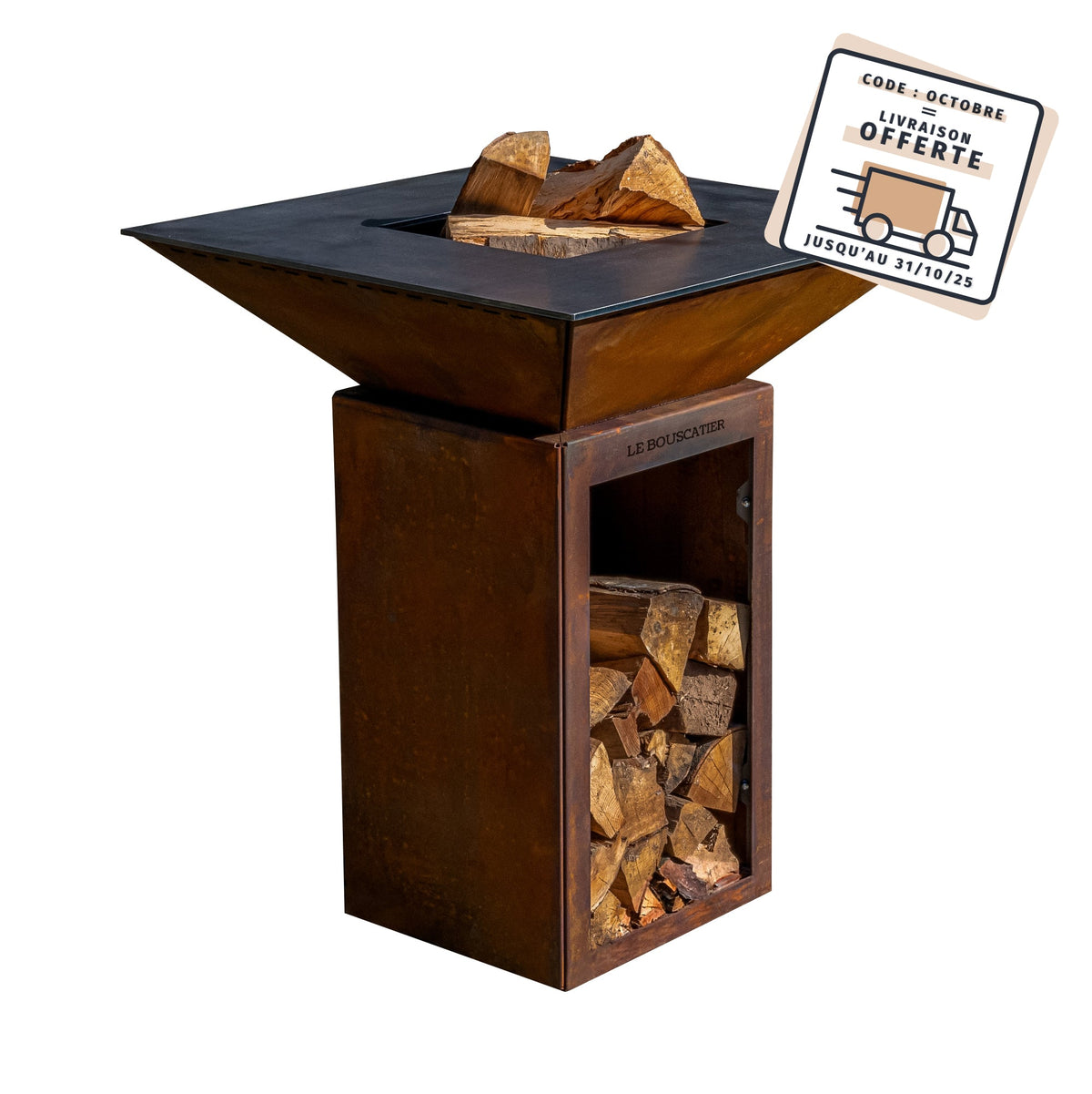 Lou Bouscarian - Brasero plancha avec Rangement bûches en acier corten-  Grille et stop food inclus