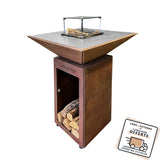 Lou provençau - Brasero plancha en acier corten avec rangement bûches - grille et stop food inclus